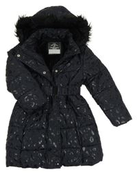 Tmavomodrý leopardí šusťákový zimní kabát s páskem a kapucí George