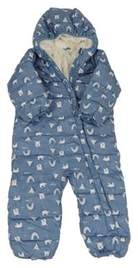 Modrá šusťáková prošívaná zimní kombinéza s medvídky a kapucí 