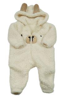 Smotanová huňatá kombinéza s medvedíkom a kapucňou s uškami SHEIN