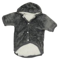 Šedá chlupatá zateplená bunda s kapucí na psa