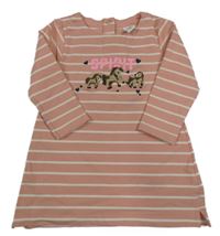 Svetloružová -biele pruhované teplákové šaty s poníky a nápisom Topomini