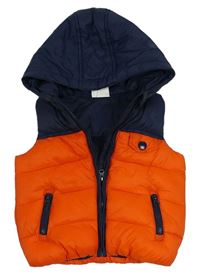 Oranžovo-tmavomodrá šušťáková zateplená vesta s kapucňou F&F