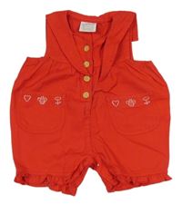 Červený kraťasový overal s obrázky a límečkem 
