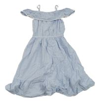 Modro-bílé pruhované krepové šaty s volnými rameny