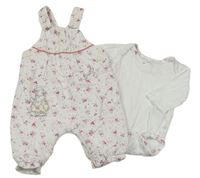 2Set - Biele menšestrové na traké podšité nohavice s kvietkami a sloníkem + perforované body Mothercare