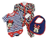 3Set - Tmavomodro-červený overal s Minnie + bryndák + pruhované body zn. Disney