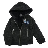 Černá melírovaná propínací zateplená mikina s nášivkami a kapucí PRIMARK