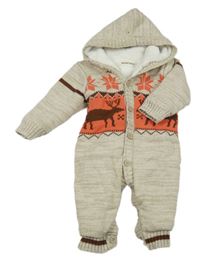 Světlebéžovo-tmavooranžová melírovaná pletený zateplená kombinéza s jeleňmi a vločkami a kapucňou