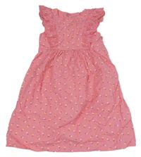 Ružové plátenné šaty s kvietkami a volániky s madeirou KIABI