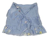 Modro-biela pruhovaná plátenná sukňa s kvetmi a volánikmi a zavazováním Zara