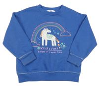 Cobaltovoě modrá mikina s jednorožcom a dúhou M&S