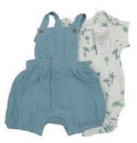 Nové - 2Set - Světlemodré mušelínové laclové kraťasy + bílé žebrované body s palmami M&S