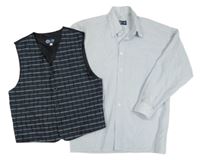 2Set - Tmavošedo-modro-bílo-černá kostkovaná slavnostní vesta + světlemodro/bílá kostkovaná košile C&A