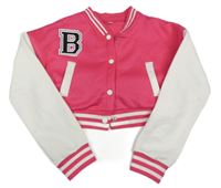 Tmavorůžovo-biela baseballová crop mikina s písmenem