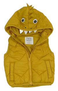 Okrová prešívaná šušťáková zateplená vesta s kapucí - dinosaurus F&F