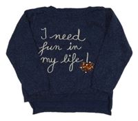 Tmavomodrý trblietavý sveter s nápisom a srdcem z flitrů