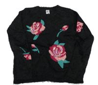 Čierny chlpatý sveter s růžemi s flitrami C&A