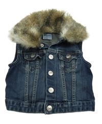 Tmavomodrá rifľová crop vesta s kožušinovým golierom H&M