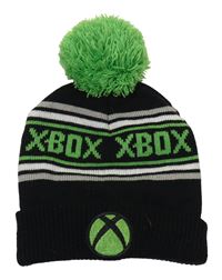 Černo-šedo-zelená pletená čepice s logem X-Box a bambulí Primark