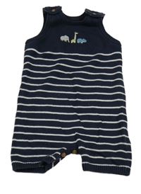 Tmavomodro-bílý pruhovaný pletený kraťasový overal s dinosaury M&S