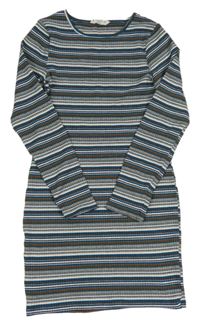 Petrolejovo-bílé pruhované žebrované šaty Matalan