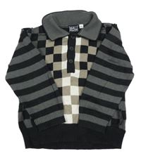 Čierno-sivo-béžový kockovaný ľahký sveter s golierikom