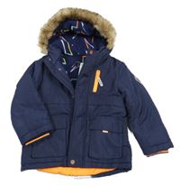 Tmavomodrá šušťáková zimná bunda s vreckami a kapucňou s kožešinou F&F