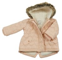 Světlerůžová šusťáková prošívaná zateplená bunda s kapucí s kožešinou Yd.