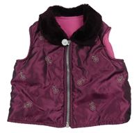 Vínová šušťáková zateplená vesta s výšivkami květů M&S