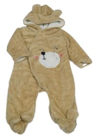 Béžová kožešinová podšitá kombinéza s medvědem a kapucí 