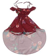 Vínový kvetovaný kraťasový overal so sukní