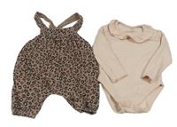 2set - Hnědo-černé laclové manšestrové kraťasy s leopardím vzorem + růžové pruhované body s límečkem 