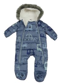 Šedomodrá šušťáková zimná kombinéza s autami a kapucňou zn. F&F