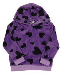 Fialovo-čierna plyšová mikina so srdiečkami a kapucňou Shein