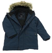 Tmavomodrá šusťáková zateplená bunda s kapucí s kožešinou Next