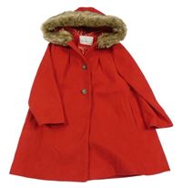 Červený flaušový podšitý kabát s kapucí s kožešinou Mothercare