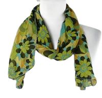 Dámská limetkovo-hnědo-modrá květovaná šifonová šála 