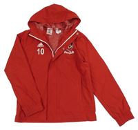 Červená šušťáková nepromokavá bunda s potlačou a kapucňou Adidas