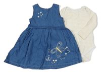2 Set Modré riflové šaty s motýlem + Žlutobílé pruhované body dunnes 