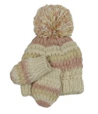 2set - Smetanovo-svetloružová trblietavá čapica s bambulí + rukavice