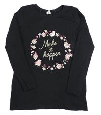 Černé triko s kytičkami a nápisem Dopodopo