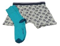 2set - azurové ponožky - nové + sivé boxerky s loptami