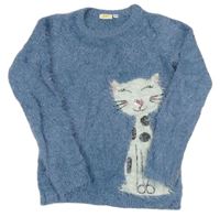 Modrý chlpatý sveter s mačičkou