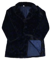 Černo-tmavomodrý vzorovaný kožešinový podšitý kabát Zeeman