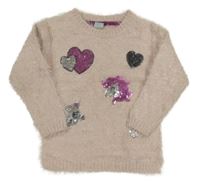 Svetloružový chlpatý sveter s obrázky z flitrů Kiki&Koko