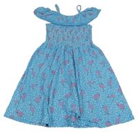 Modré bavlněné žabičkové šaty s plameňáky Tu