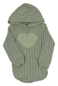 Kaki-sivý rebrovaný sveter so srdiečkom a kapucňou