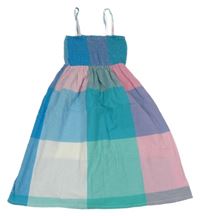 Růžovo-modré kostkované žabičkované plátěné midi šaty Outfitters vel. 176