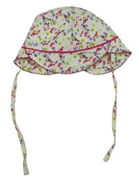 Smotanový plátenný zavazovací klobúk s kvietkami a kšiltem lupilu