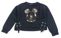 Čiernošedá melírovaná crop mikina s Mickey a šnurovaním zn. PRIMARK